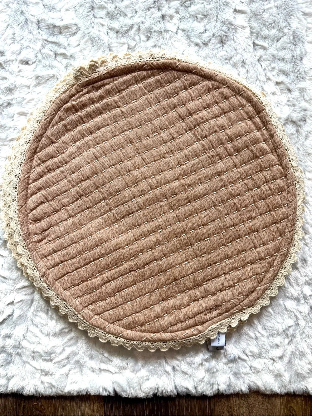 Round Quilted Accent Place Mats with Lace Trim - Blush Tan - set of 2